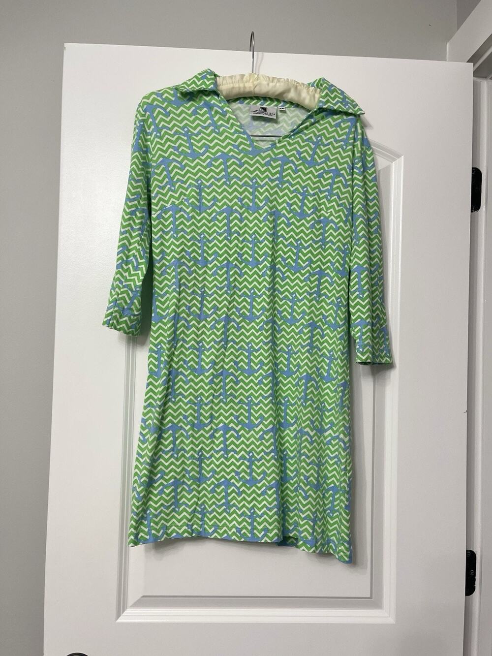 Malabar Bay Green Blue Chevron Anchor Print 3/4 Sleeve Collared Shift Dress XS